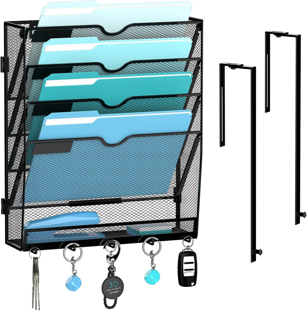 Organizador de archivos de pared de 5 niveles, soporte de metal con ganchos en la base