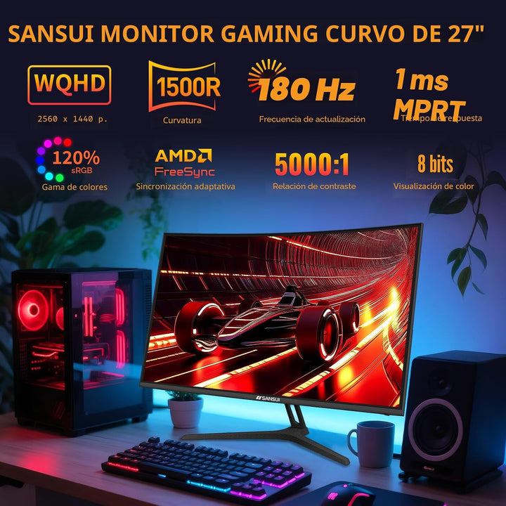 SANSUI Monitor curvado para juegos WQHD de 27 pulgadas 2560x1440, 1...