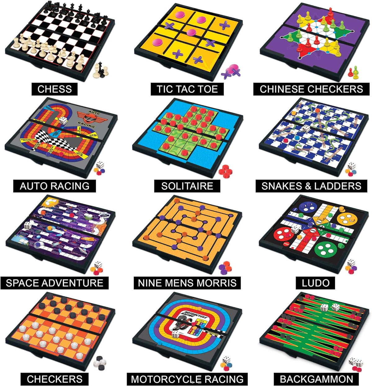 Gamie Juegos de viaje de tablero magnético para niños, incluye 12 juegos divertidos retro, diseño compacto de 5 pulgadas, artículos esenciales de viaje en caja individual para niños de 4 a 8, 8 a 12 años, viajes por carretera, avión, campamento, para toda