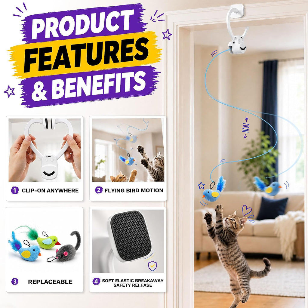 Juguetes interactivos para gatos de interior: varita de plumas de ave voladora automática, ejercicio de persecución, enriquecimiento, estimulación, USB recargable, duradero, seguro, juguete colgante
