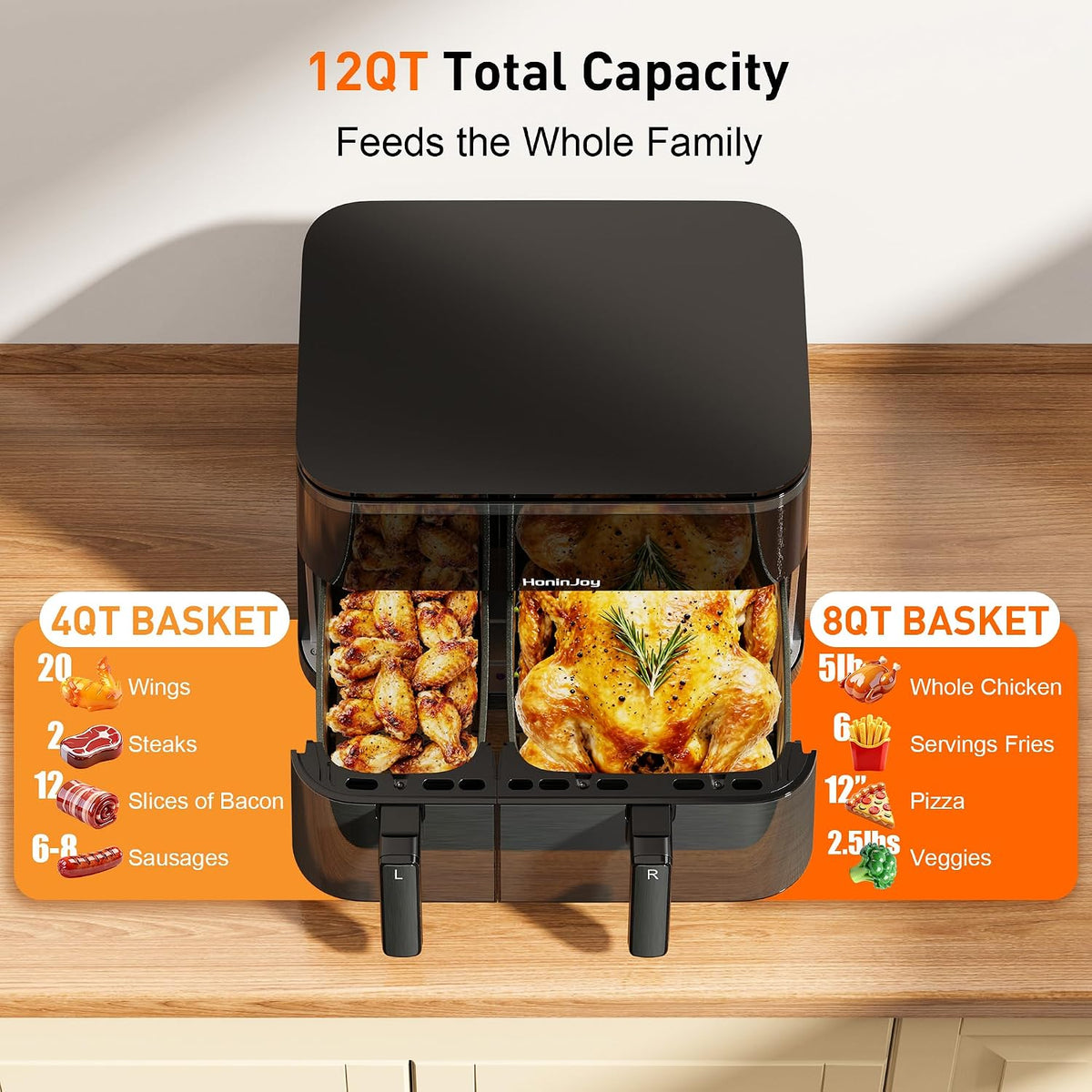 Freidora de aire grande de 12 cuartos con cesta doble (4 QT+8 QT), pantalla táctil digital 13 en 1 con 50 revestimientos de papel, sincronización y funciones duales, horneado, asado