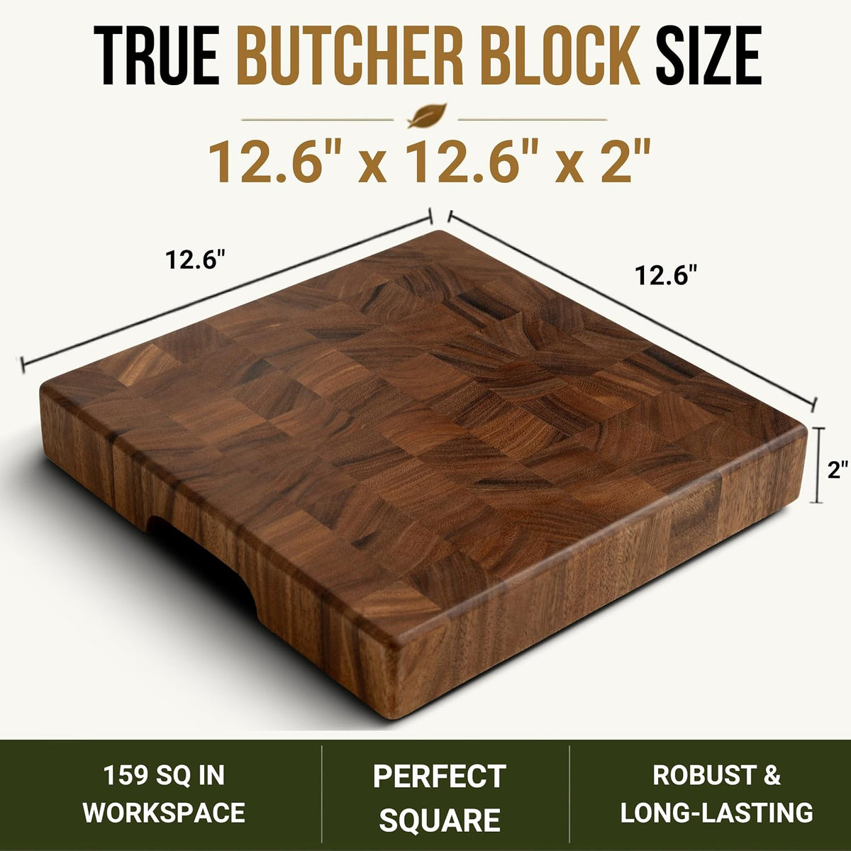 SHUMARU Tabla de cortar de grano final, bloque cuadrado de carnicero de 12.6 x 12.6 x 2 pulgadas de grosor, madera exótica de alta calidad, bloque de cortar apto para cuchillos con pies