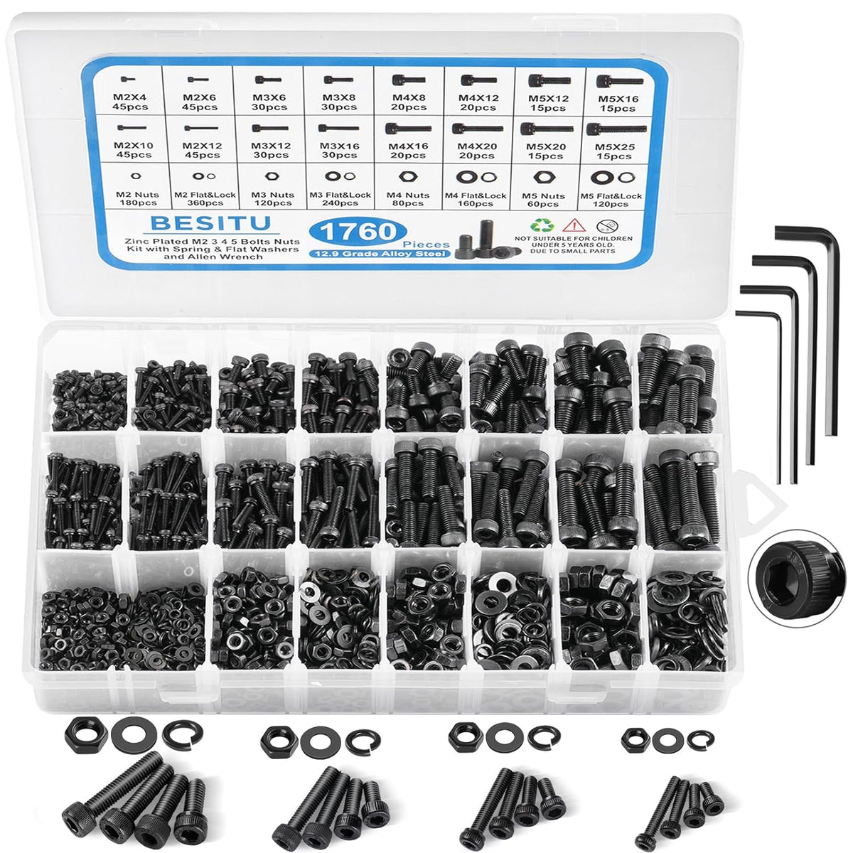 Surtido de tornillos métricos M2 M3 M4 M5 de 1760 piezas, kit de pernos de cabeza cilíndrica con hexágono interior y tuercas de acero de aleación grado 12.9, chapado en zinc negro y juego de