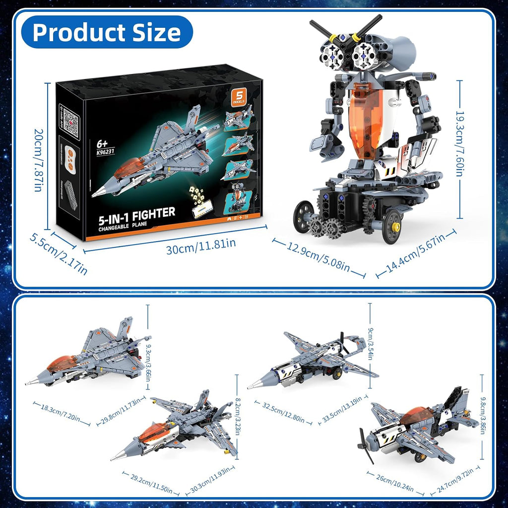 Kit de construcción de robot STEM RC 5 en 1, juego de construcción de aviones Fighter Jet con aplicación y control remoto de 2.4 GHz, juguetes de avión de combate transformables técnicos para niños de 6 7 8 9 10 11 12 + regalos de cumpleaños