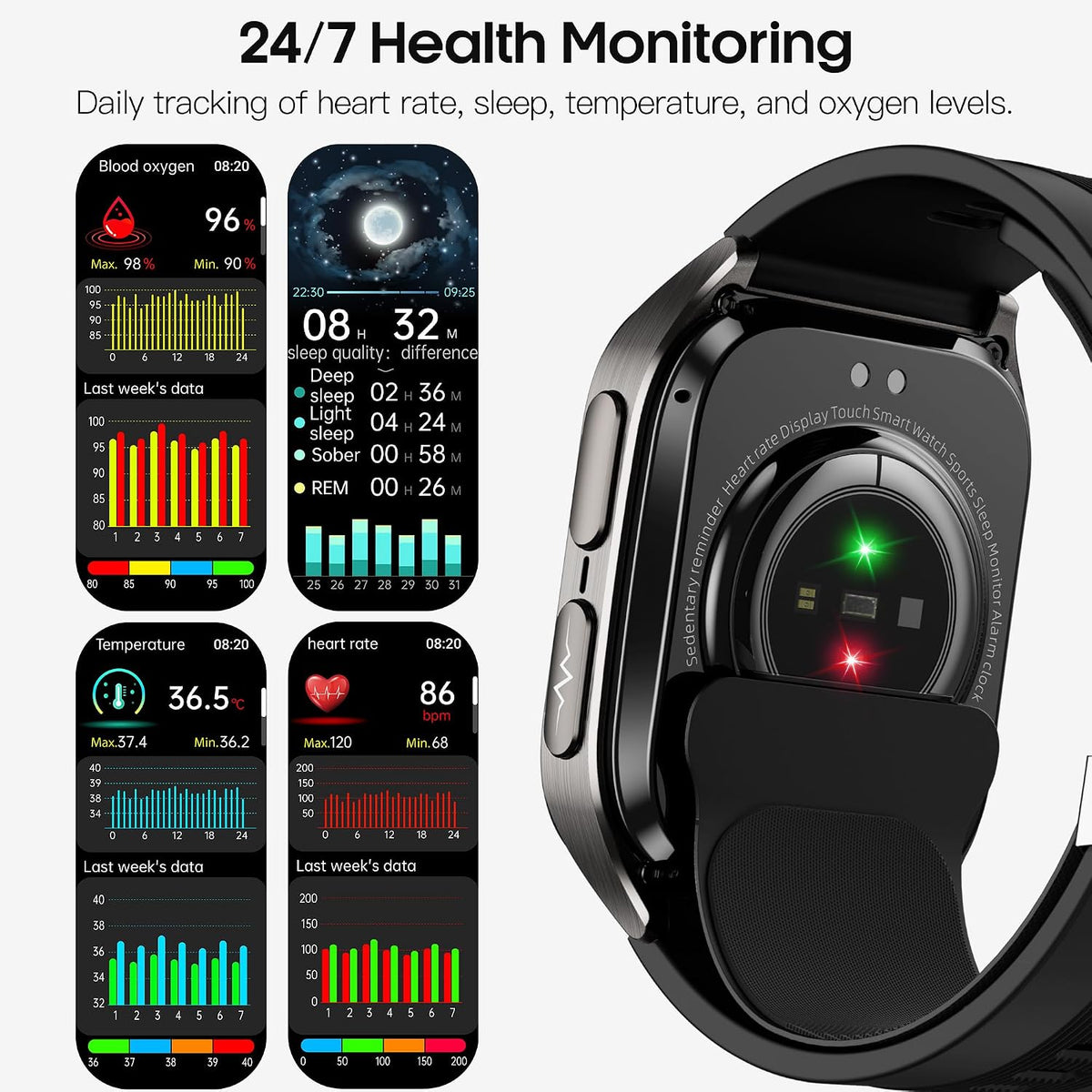 Smart Watch para Hombres y Mujeres con Puño con Airbag, Monitor de Frecuencia Cardíaca 24/7, Presión Arterial, Seguimiento del Sueño, Oxígeno en la Sangre, Pantalla AMOLED de 2.06" (Answer/Make), Batería de 530mAh, Rastreador de Fitness