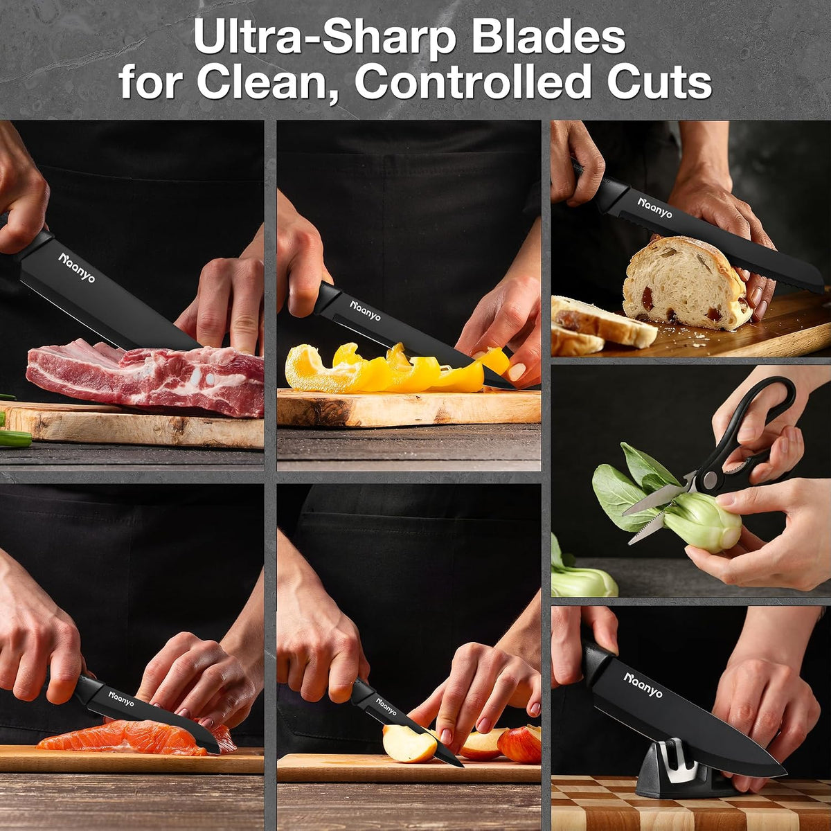 Juego de cuchillos de cocina de 8 piezas con afilador, bloque de cuchillos universal, cuchillas de acero inoxidable, diseño ergonómico, resistentes al óxido