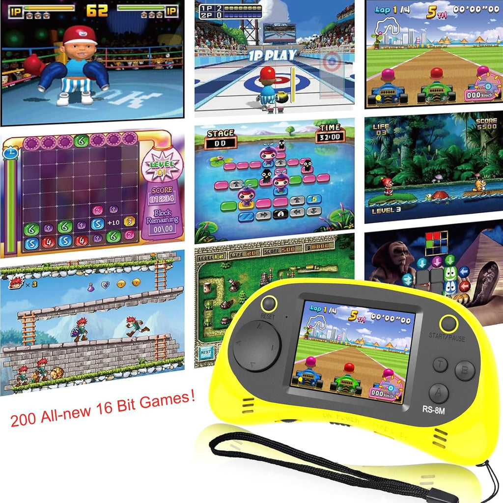 EASEGMER Juegos electrónicos portátiles de 16 bits para niños con 220 juegos de video HD, Amarillo