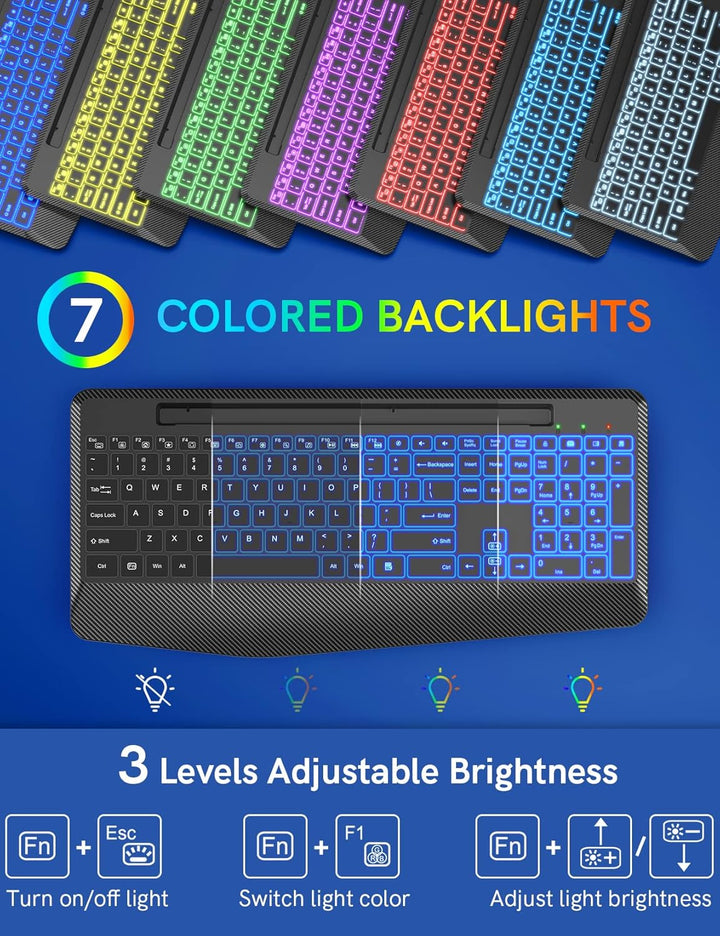 Teclado inalámbrico con 7 retroiluminaciones de colores, reposamuñe...