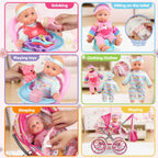Juego de cochecito de muñeca de bebé para niñas con muñeca de bebé de 12.5 pulgadas, almohada acolchada, silla de comedor, 2 juegos de ropa de muñeca y 24 piezas de accesorios para muñecas, juguetes