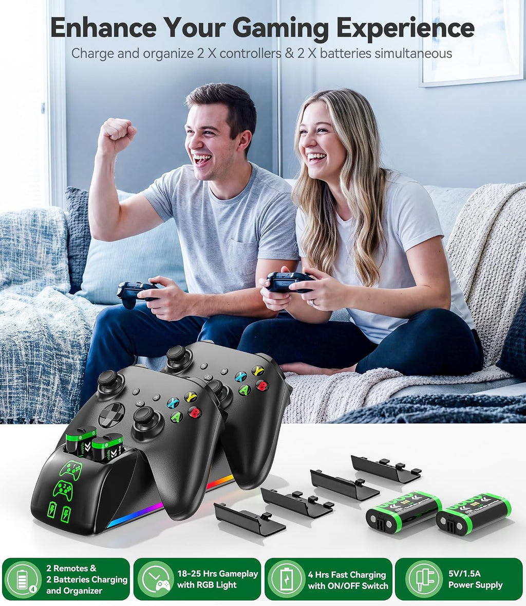 Cargador 4 en 1 para mandos Xbox Series/One X|S, con 4 paquetes de baterías recargables de 6880 mWh, carga controles remotos dobles y baterías simultáneamente, estación de carga cuádruple mejorada