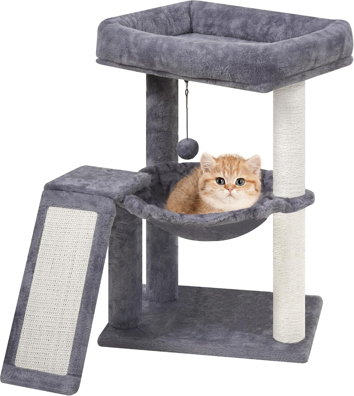 YOUPET - Árbol para gatos con poste rascador para gatos de interior, torre para gatos con tabla de rascar y bolas de juguete divertidas, torre de árbol para gatos con hamaca acogedora, gris