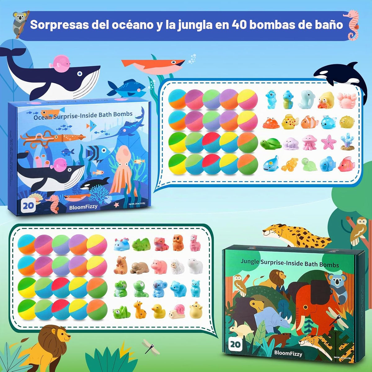 40 bombas de baño para niños con juguetes de animales del océano y la selva, cajas de regalo de doble temática