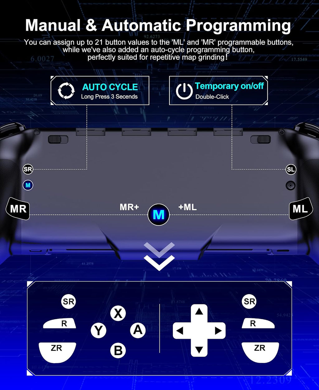 Gammeefy Control de Switch – Joysticks de Efecto Hall y agarre mejorado – Reemplazo de mando único para Switch Joypad con 8 iluminación RGB en color, Turbo, Macros - Negro, 6.2"/7"