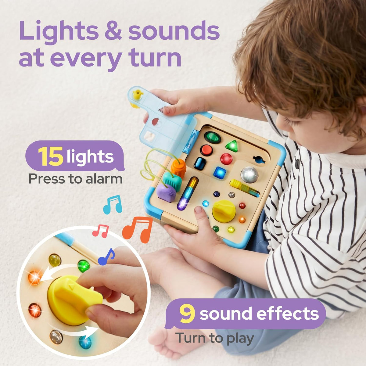 Tablero de actividades con 15 luces LED Montessori - Juguete educativo de aprendizaje Montessori con 9 sonidos, 5 interruptores y enchufes, juguetes de viaje, tabla de actividades sensoriales para 18 meses, regalo de cumpleaños para niños y niñas de 3