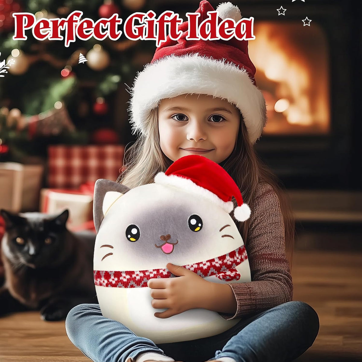 Athionsu - Almohada de felpa de gato de Navidad de 14 pulgadas con sombrero de Papá Noel, animal de peluche suave y tierno para decoración de Navidad y regalos, adorable almohada blanda para niños