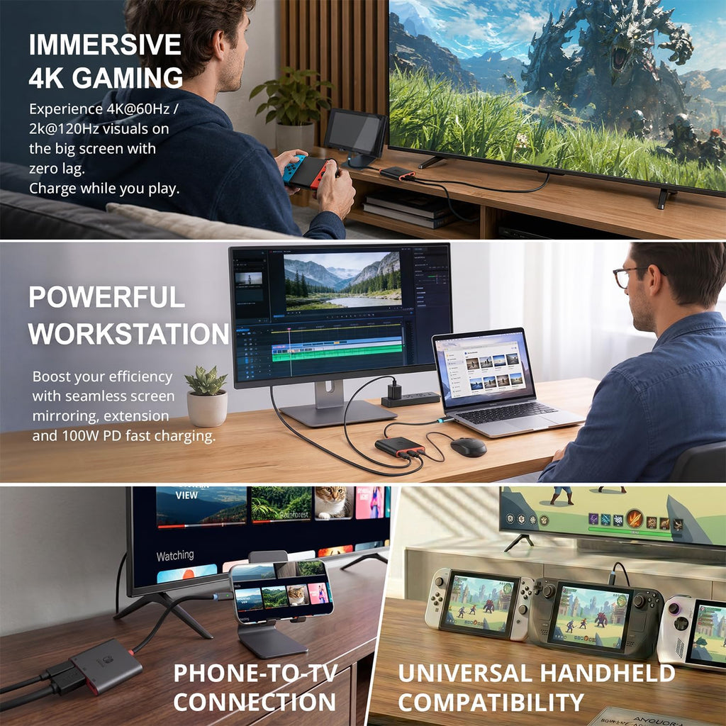 Switch 2 Dock para TV, carcasa de aleación de aluminio HDMI 2.0 4K @60Hz HDR estación de acoplamiento para Nintendo Switch 2/OLED/Steam Deck/ROG Ally, adaptador USB C a HDMI con 100 W PD 3.0