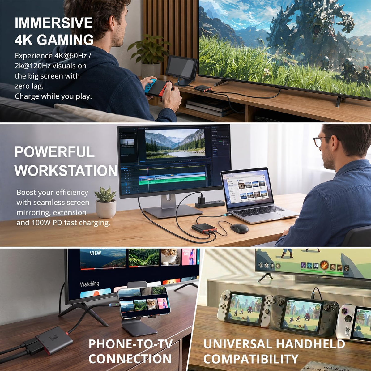 Switch 2 Dock para TV, carcasa de aleación de aluminio HDMI 2.0 4K @60Hz HDR estación de acoplamiento para Nintendo Switch 2/OLED/Steam Deck/ROG Ally, adaptador USB C a HDMI con 100 W PD 3.0