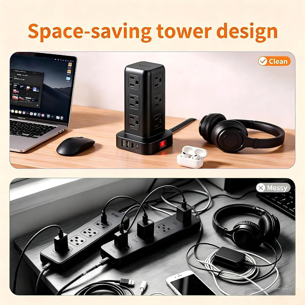 SMALLRT - Cable de extensión con múltiples tomas, torre de regleta de alimentación de enchufe plano con USB 12 salidas de CA, extensor de salida de cable de extensión ultrafino de 6.5 pies para