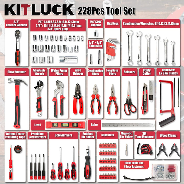 KITLUCK Kit de herramientas para el hogar de 228 piezas, juego de h...