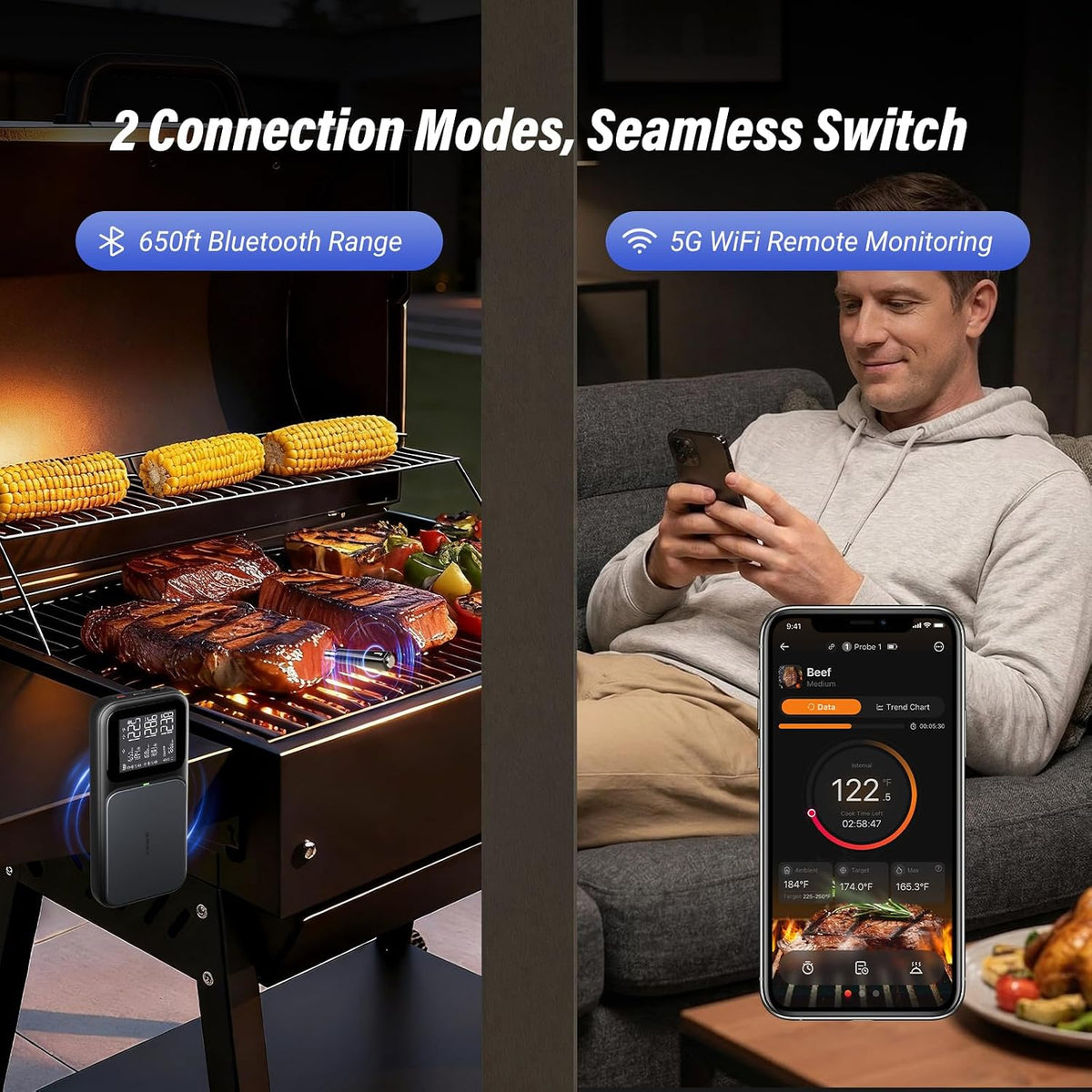 Termómetro inalámbrico para carne con WiFi 5G y Bluetooth 5.4, 3 sondas, 5 sensores, termómetro inteligente para carne con calibración AI en tiempo real, datos fuera de línea de 120 minutos
