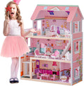 ROBOTIME Casa de muñecas de madera, juego de casas de muñecas con 24 muebles para muñecas de 4, 5, 6 pulgadas, regalo de casa de muñecas para niñas de más de 3 años (rosa)