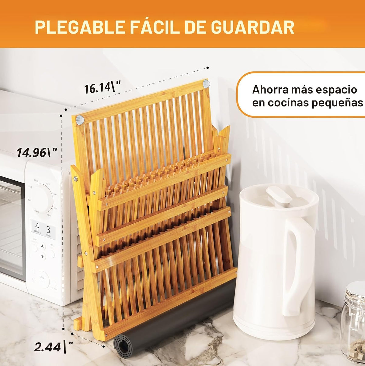Greenual Escurridor de platos de bambú con soporte para utensilios, estante plegable de 3 niveles, estantes de madera para encimera de cocina, soporte de secado plegable grande con tapete absorbente para secar platos