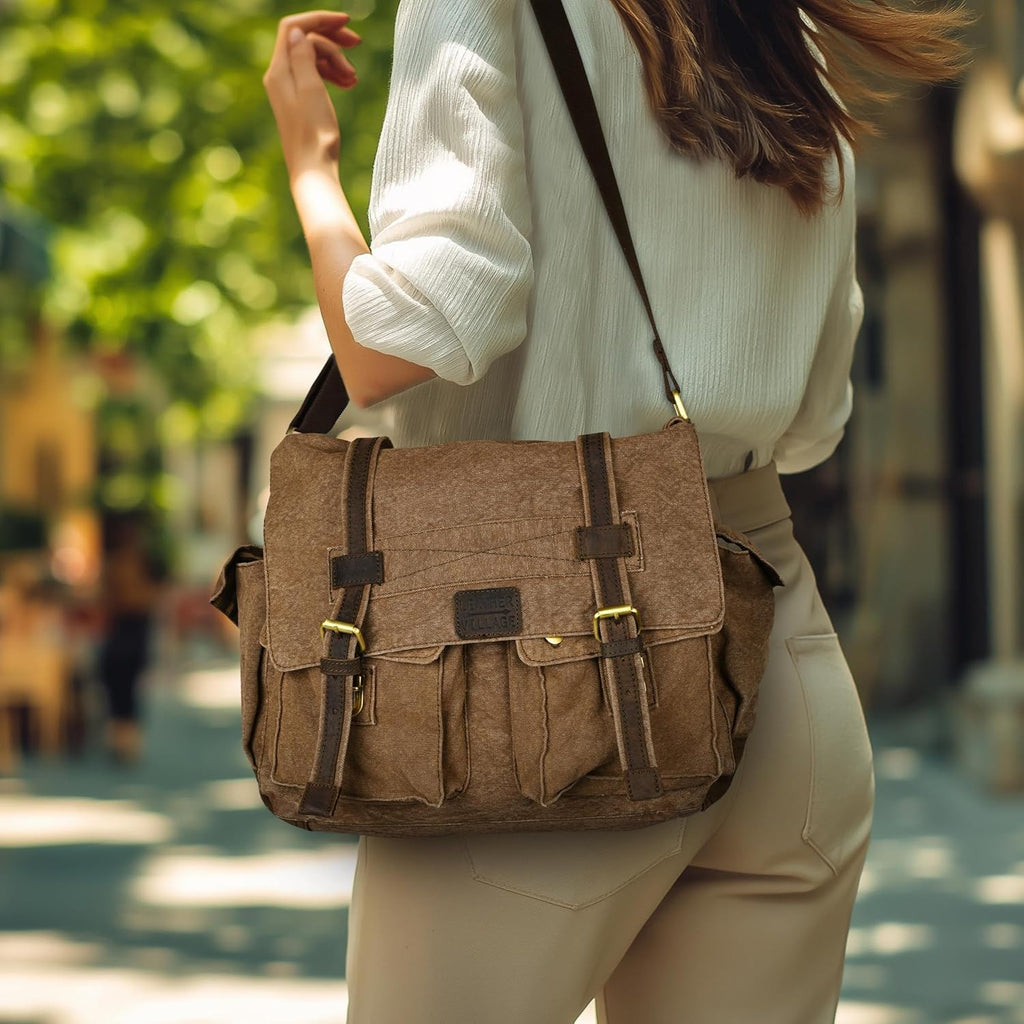 Bolsa bandolera de hombro de lona LEATHER VILLAGE para hombres y mujeres – Elegante bandolera estilo mochila para oficina, viajes y uso diario