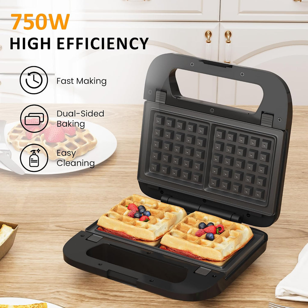 Sandwichera eléctrica 3 en 1 con placas antiadherentes extraíbles, 750 W, color negro para gofres belgas/panini/parrilla/desayuno, apto para lavavajillas, mango de tacto frío, fácil de limpiar y