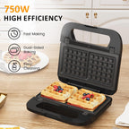 Sandwichera eléctrica 3 en 1 con placas antiadherentes extraíbles, 750 W, color negro para gofres belgas/panini/parrilla/desayuno, apto para lavavajillas, mango de tacto frío, fácil de limpiar y