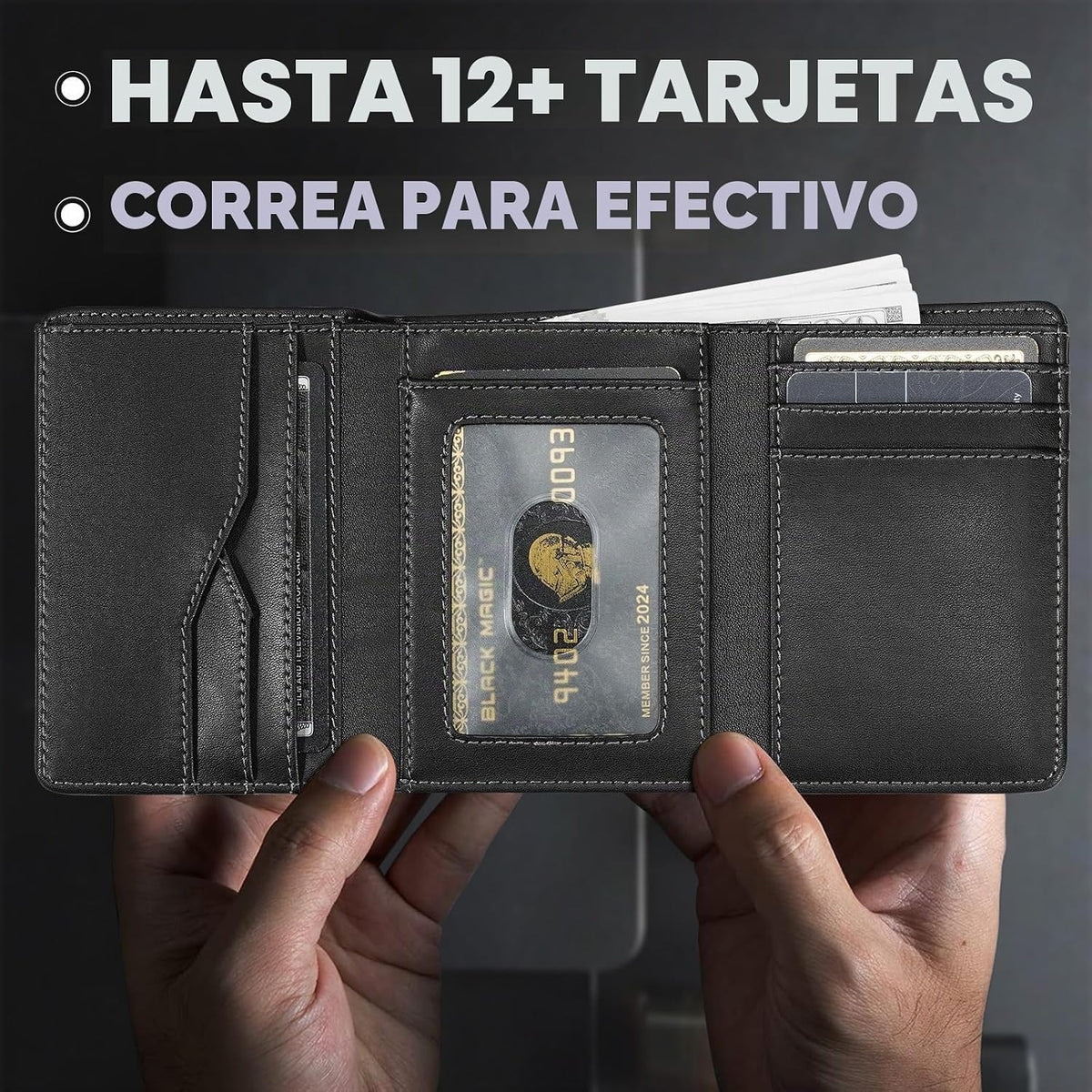 Cartera de cadena de cuero de grano completo: Cartera triple RFID