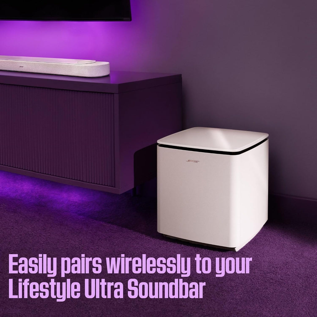 Bose Nuevo subwoofer Lifestyle Ultra, inalámbrico para el hogar, perfecto para sistemas de cine en casa, fácil configuración, graves profundos, humo blanco