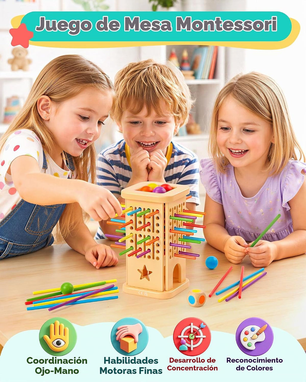 Montessori - Juego de mesa para niños de 4 a 6 años, juegos de bolas de