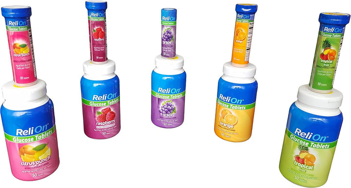 ReliOn Glucose, 50 tabletas con tubo On-The-Go, 10 comprimidos (nar...