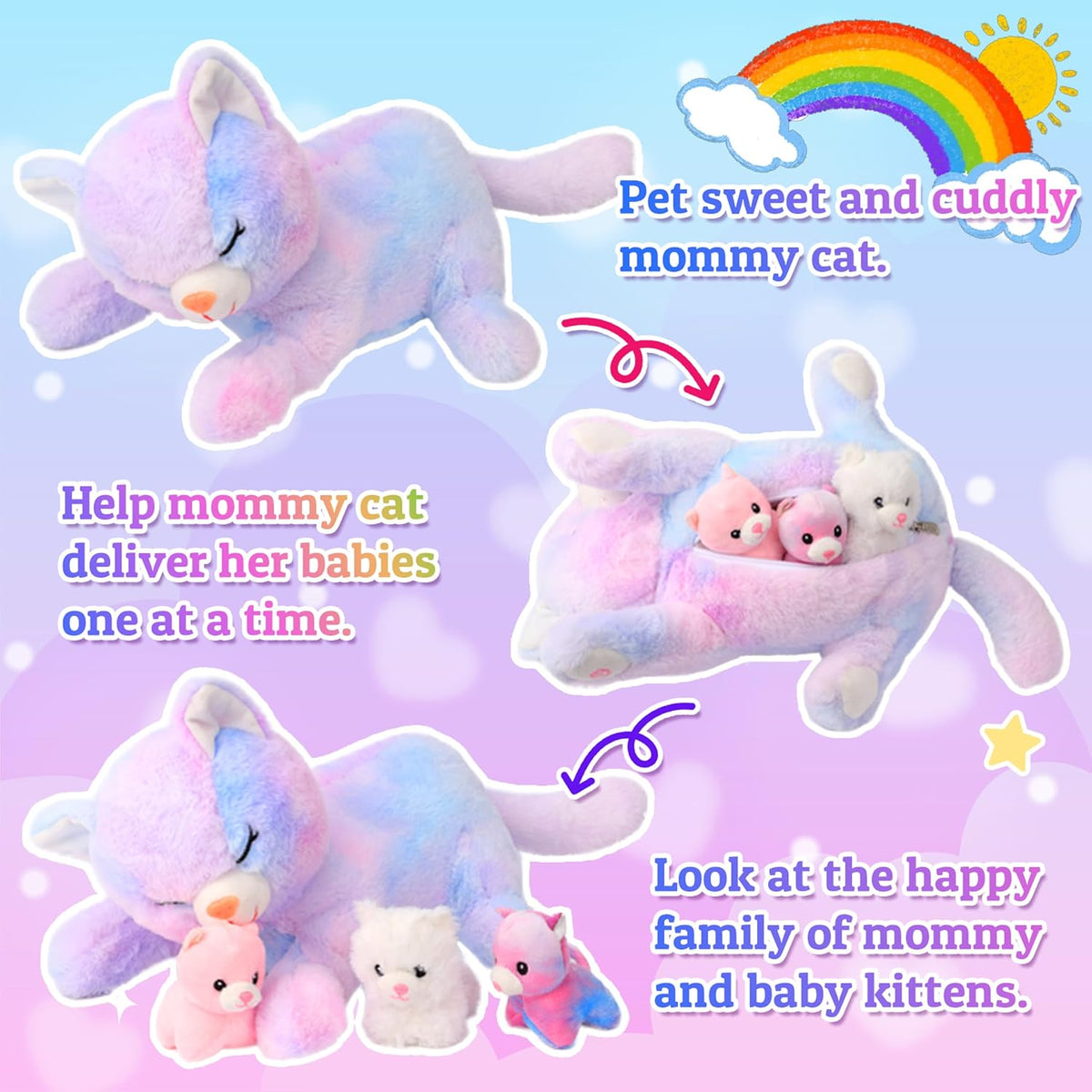Hopearl Gatito de peluche con luces LED, mamá gato iluminada con 3 gatitos bebé en su barriga, juego de peluches con luces de noche que brillan en la oscuridad para mamá, niños, niñas pequeñas
