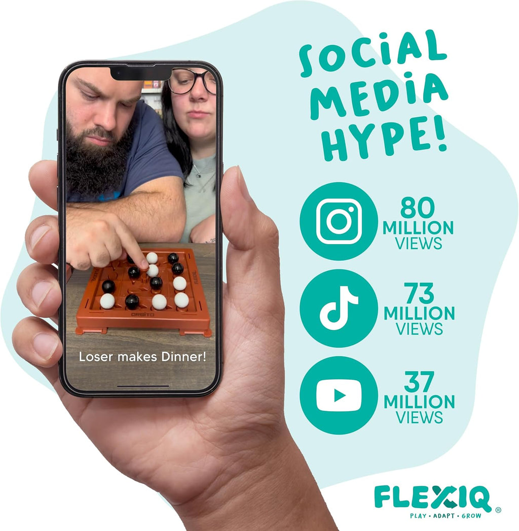 Orbito de Flex IQ, juegos de estrategia para 2 jugadores para reuniones familiares, ideal para juegos infantiles, incluye 1 tablero de juego con botón orbito, 8 canicas blancas y 8 canicas negras