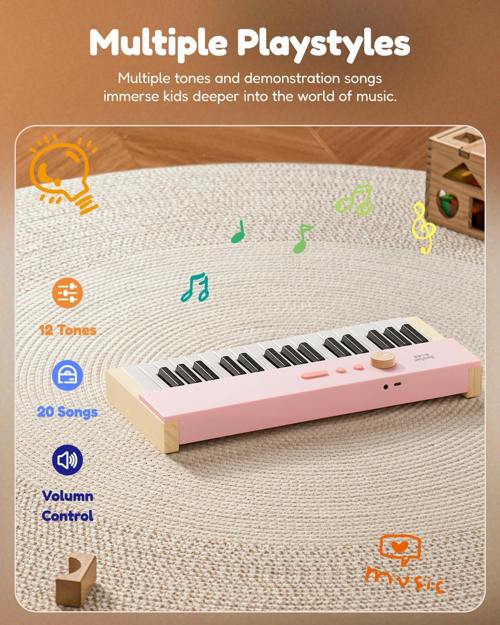 Teclado de piano para niños, piano digital de 32 teclas para niños, instrumento educativo musical para principiantes, mini teclado de madera para niños, rosa claro