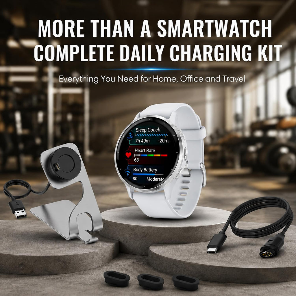 Garmin Reloj inteligente Venu 3 GPS, 1.772 pulgadas plata/piedra blanca, rastreador de actividad física con batería de 14 días y entrenador de sueño, incluye soporte de carga premium, cable de