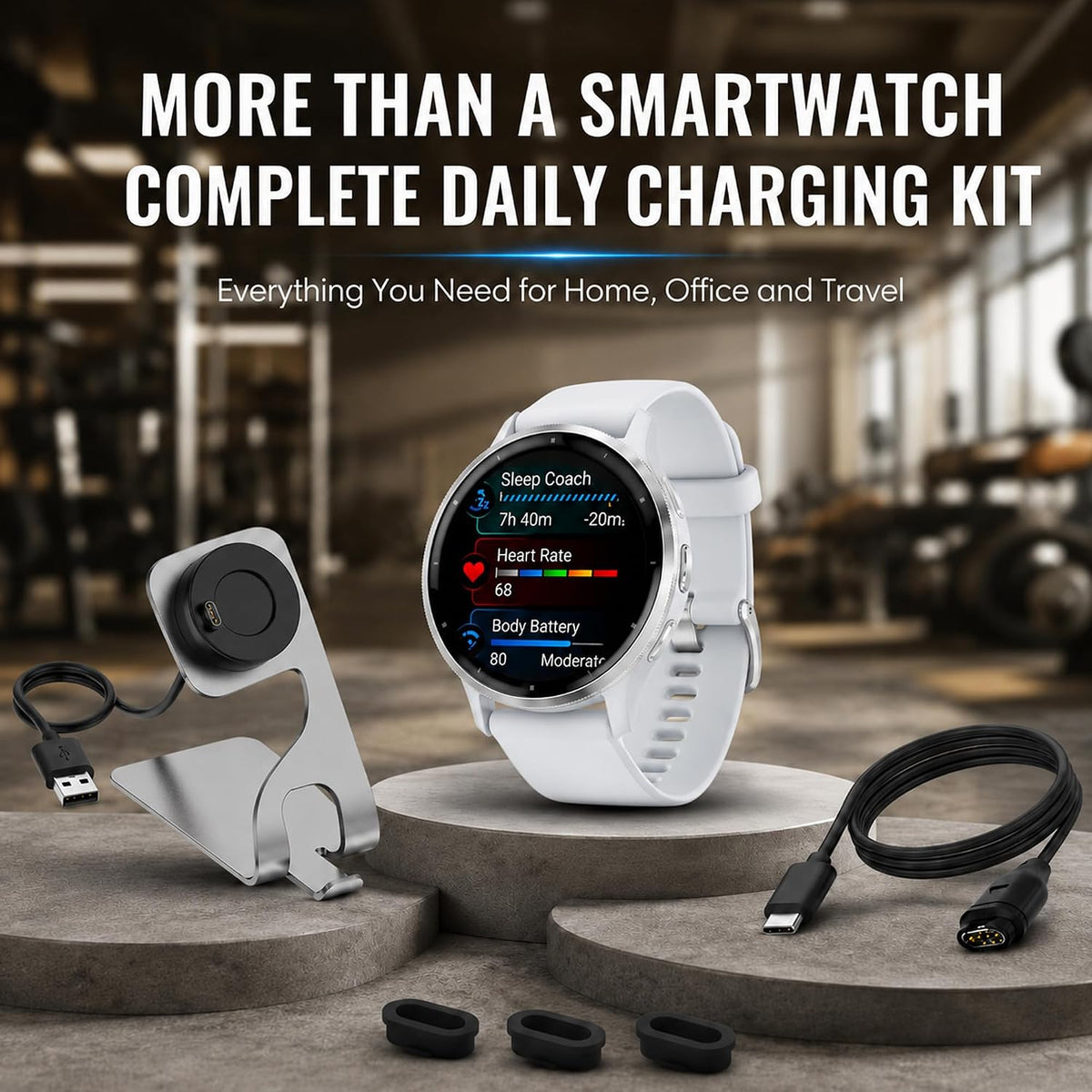 Garmin Reloj inteligente Venu 3 GPS, 1.772 pulgadas plata/piedra blanca, rastreador de actividad física con batería de 14 días y entrenador de sueño, incluye soporte de carga premium, cable de