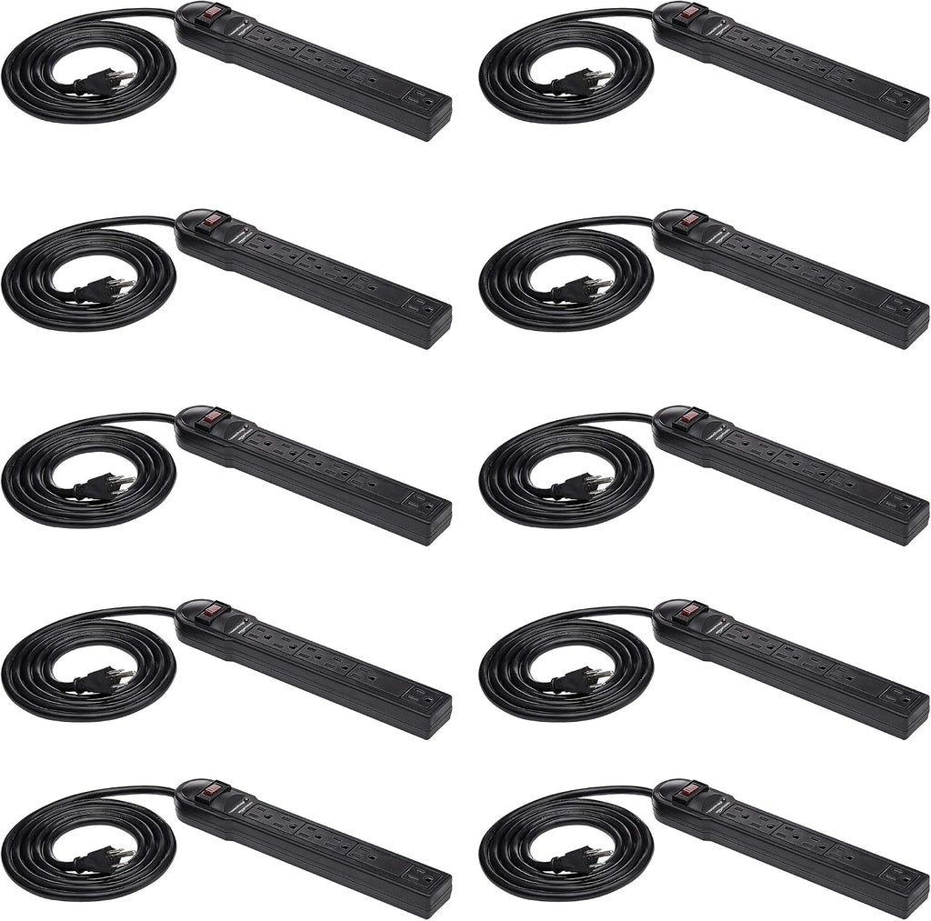 Lámpara Amazon Basics Regleta protectora de sobretensiones, 6 tomas, 790 julios, interruptor de circuito, indicador LED, cable de extensión de 6 pies, negro, paquete de 10