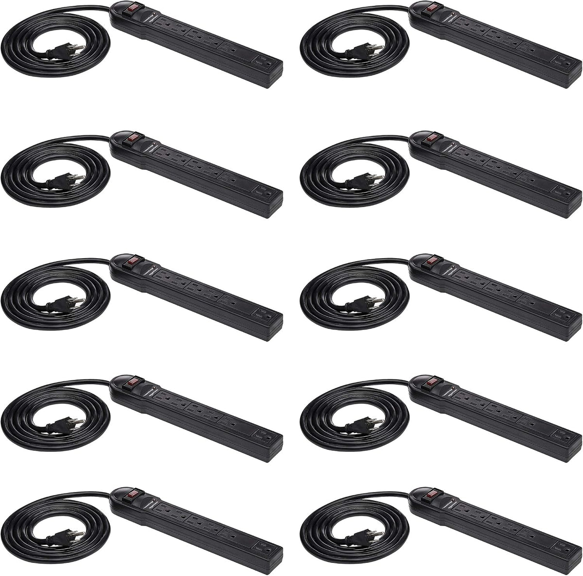 Lámpara Amazon Basics Regleta protectora de sobretensiones, 6 tomas, 790 julios, interruptor de circuito, indicador LED, cable de extensión de 6 pies, negro, paquete de 10