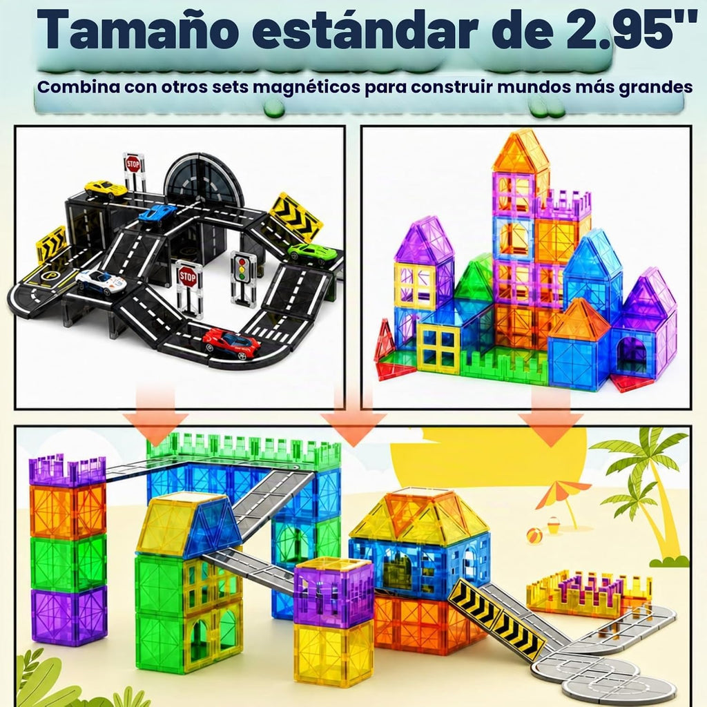 Juego de azulejos magnéticos con coches, bloques magnéticos para niños de 4