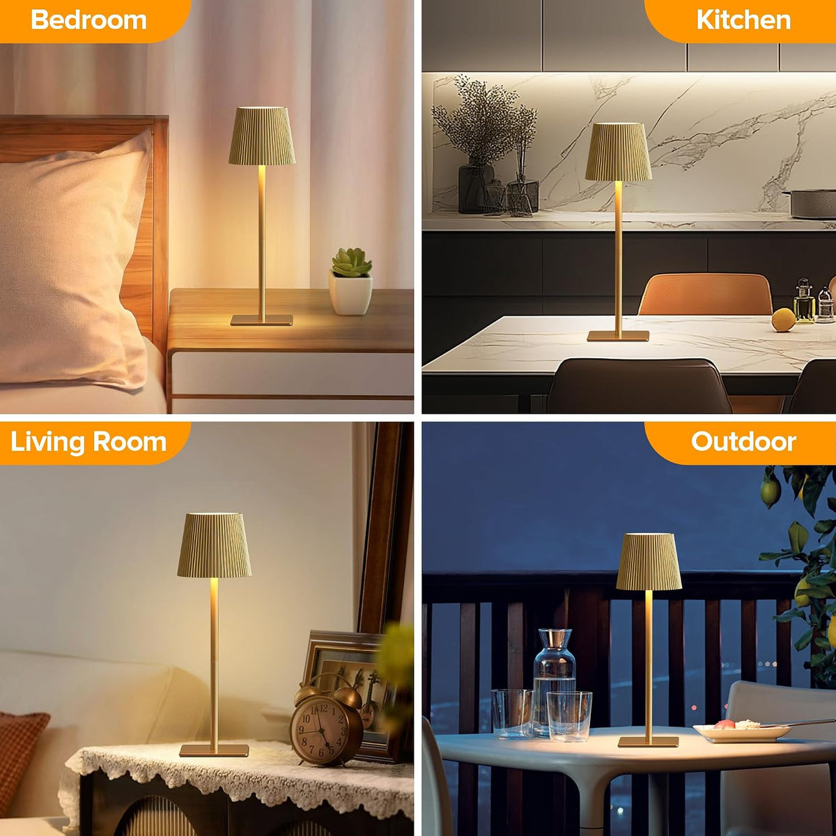 Lámpara LUTEC Paquete de 4 lámparas de mesa inalámbricas, lámpara de escritorio con batería recargable de 6000 mAh, dos alturas ajustables, impermeable, control táctil y atenuación continua en 3 colores para