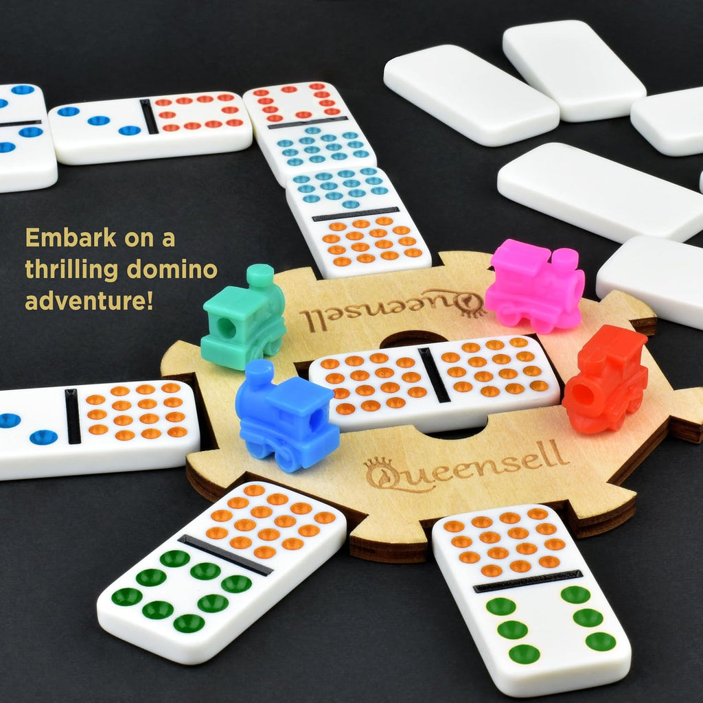Queensell Juego de dominó de tren mexicano doble 15 para adultos y familia, juego de dominó doble de tren mexicano de 15 puntos de colores, 136 azulejos, 9 trenes, cubo de madera, caja de aluminio (doble 15)