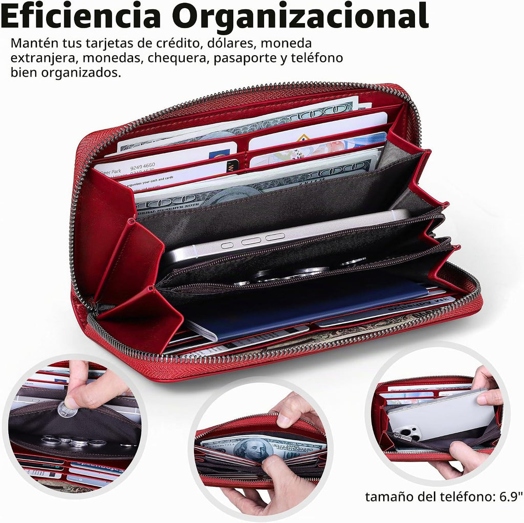 VISOUL Cartera larga de cuero con cremallera para hombres y mujeres con bloqueo RFID, cartera larga de mano grande con cremallera (borgoña)