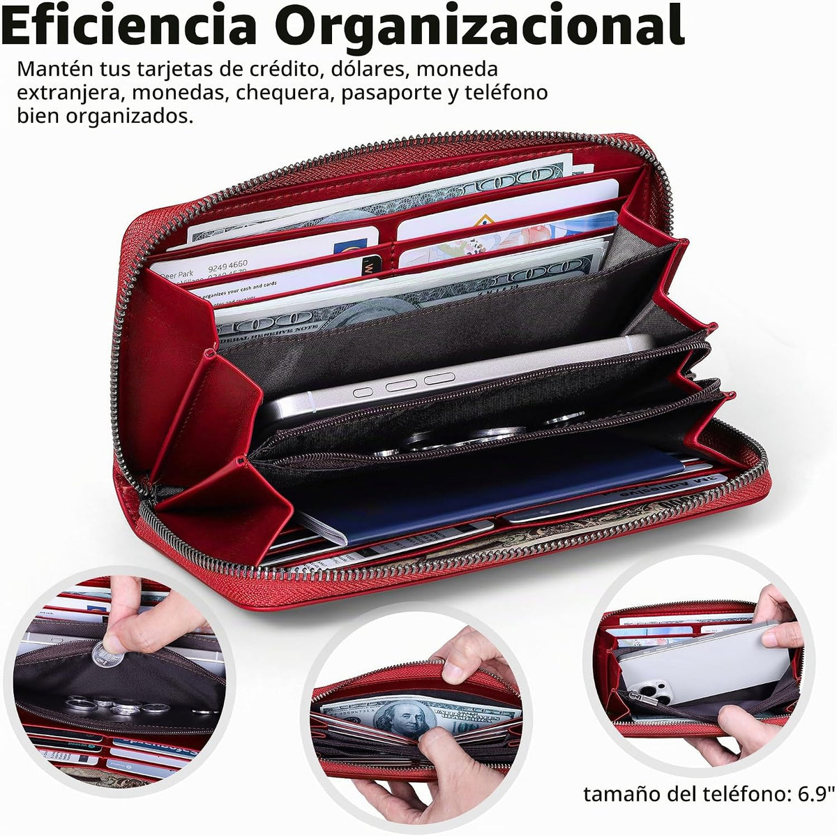 VISOUL Cartera larga de cuero con cremallera para hombres y mujeres con bloqueo RFID, cartera larga de mano grande con cremallera (borgoña)