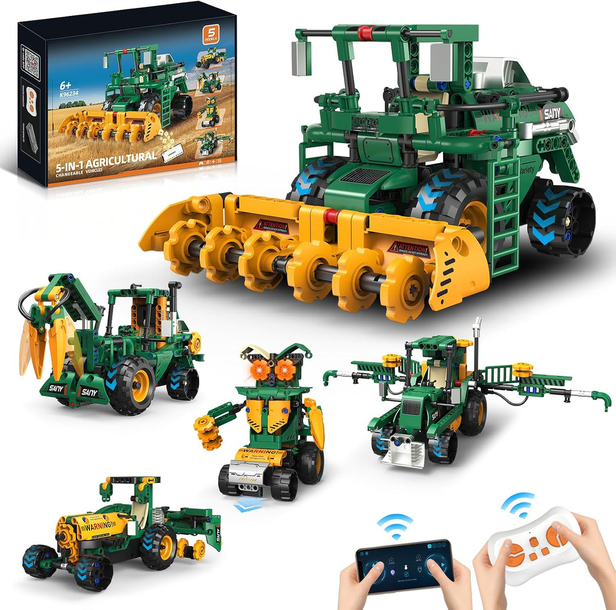 5 en 1 conjunto de kits de construcción de juguetes de robot STEM para niños de 6 a 14 años, aplicación y control remoto STEM cosechadora/carro de arado/camión de agua conjunto de construcción de
