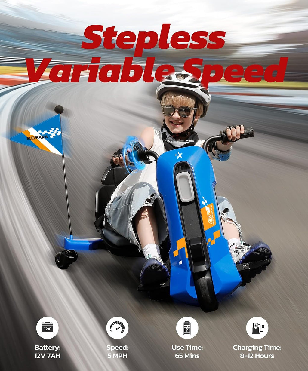 Drift Kart con Velocidad Infinita sin Escalas, Go Karts de 12V para Derrape para Niños con Asiento Ajustable, Go Kart para Niños de 5 MPH con Música, Bluetooth, Luz, Pancarta, para Niños de 6-14 Años, Azul