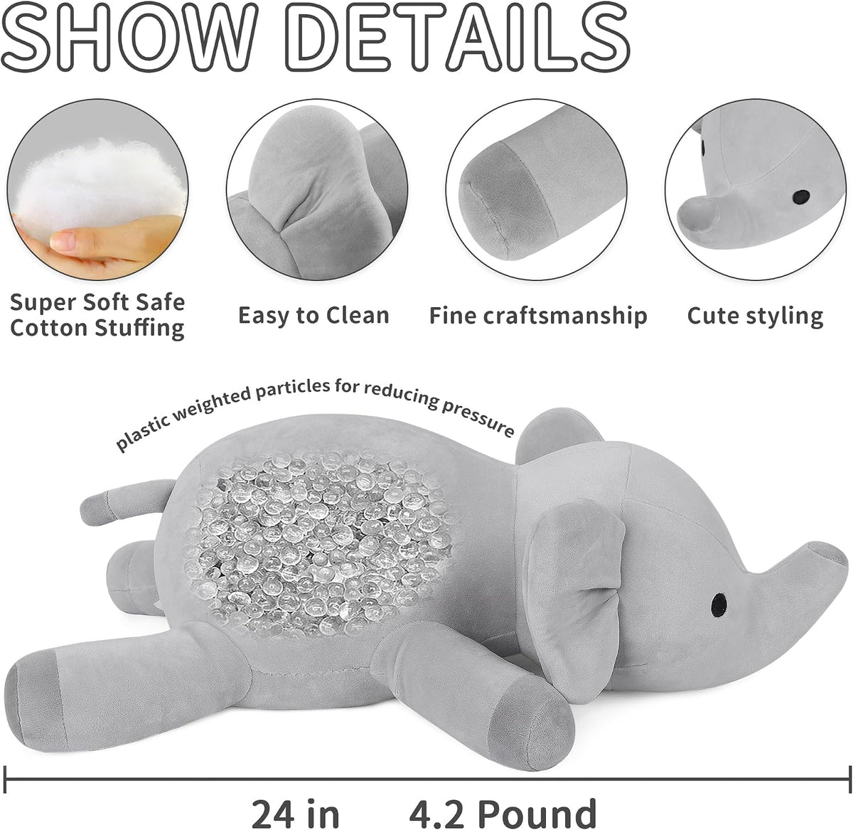 Animales de peluche con peso de elefante de 4.2 libras, juguete de peluche de elefante con peso de 24 pulgadas, almohadas de peluche, regalos para niños y adultos