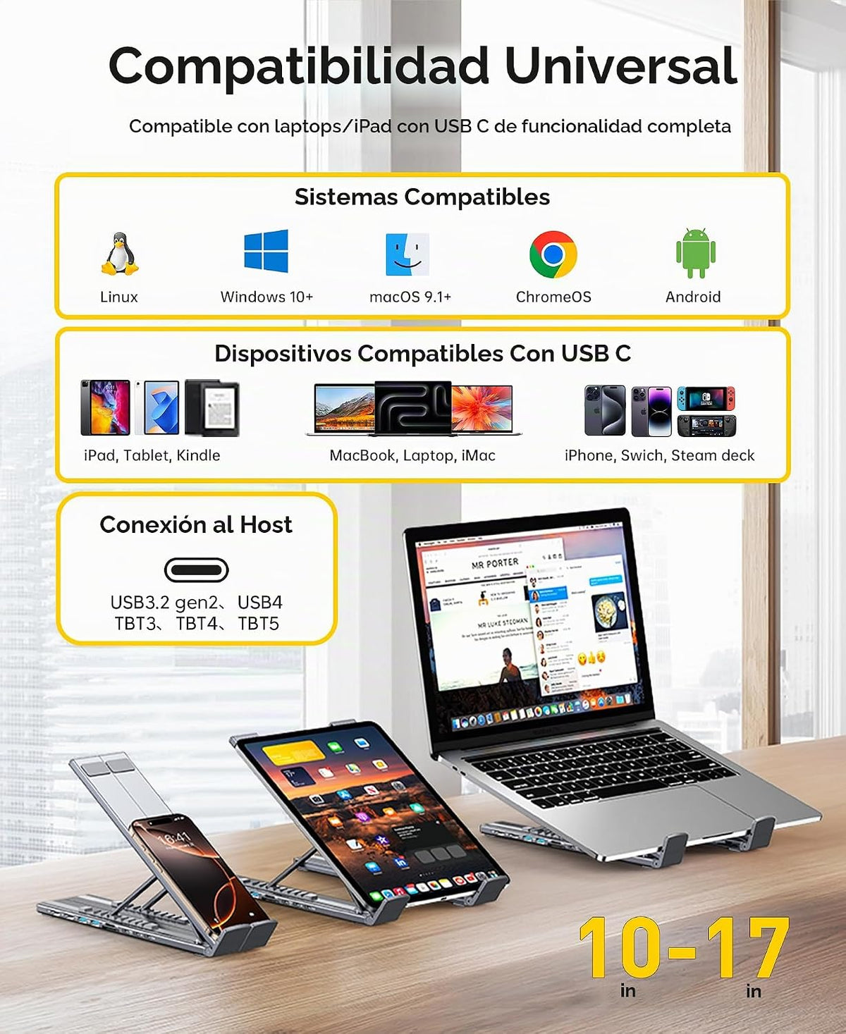 Estación de acoplamiento con soporte para laptop USB C, monitor dua...