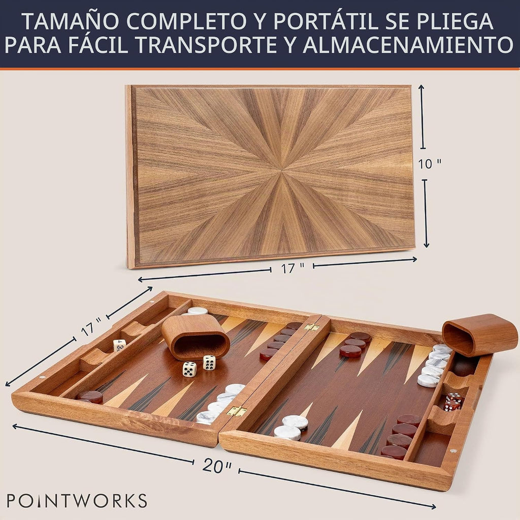 Pointworks Juegos de backgammon de 17 pulgadas para adultos. Hermoso juego de mesa de backgammon con incrustaciones de madera con damas y dados únicos. Juego de gammon de espalda grande tamaño de